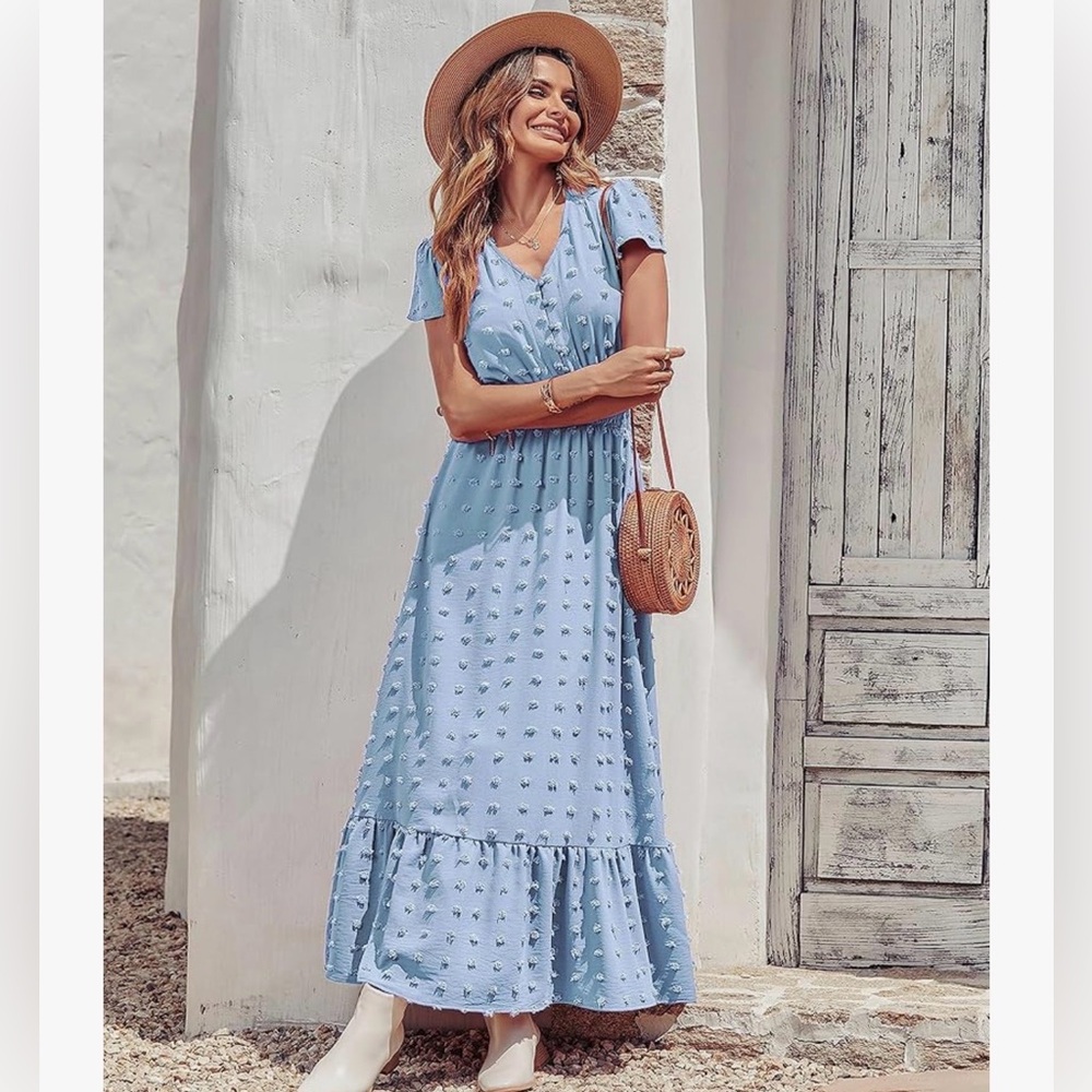 Light Blue Swiss Dot Midi Dress